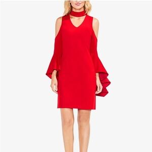 VINCE CAMUTO RED CHOKER COLLAR RUFFLED BELL SLEEVES COLD SHOULDER DRESS SZ M